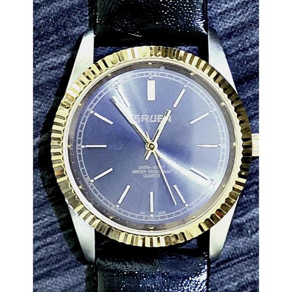 Rare Gruen 2 Tone Mens Dress Watch Satin Dial Fluted Bezel - Picture 2 of 8